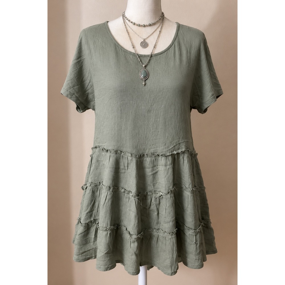 BaeVely Babydoll Top Rayon S Sage Green Excellent Boho Tiered Ruffle w/ Raw Hems